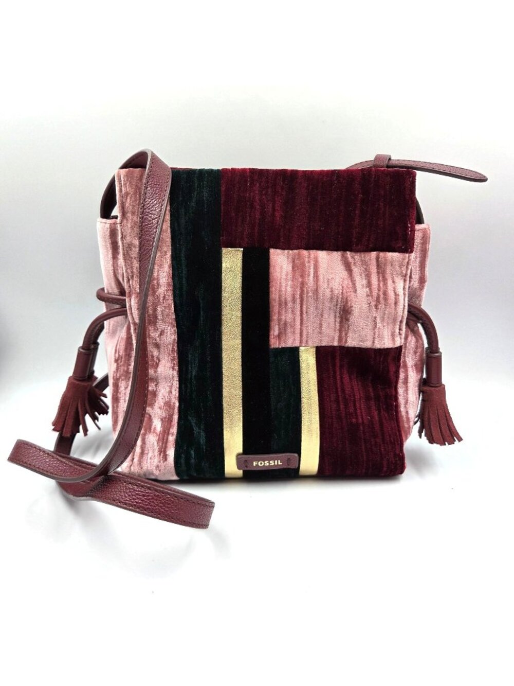 Fossil Purse Rayna Pink Velvet Patchwork Drawstring Leather Crossbody Bag Boho